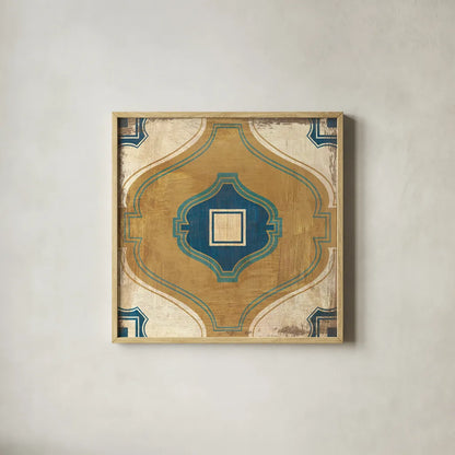Moroccan Tiles Blue X by Cleonique Hilsaca. Shown in a natural wood glass frame for a timeless modern aesthetic. Available as an archival giclee rolled canvas, fine art paper, or poster print. SKU 38575a.