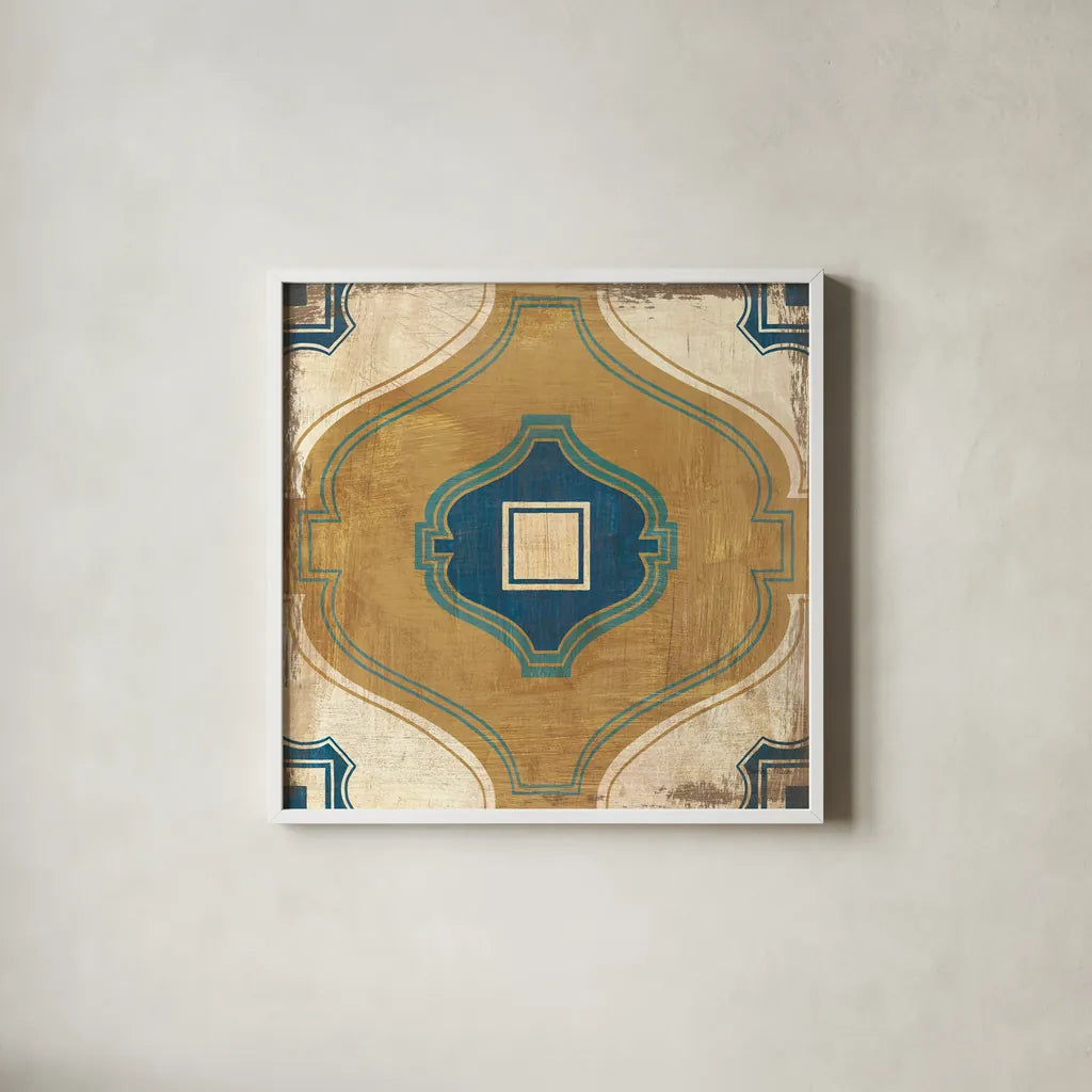 Moroccan Tiles Blue X by Cleonique Hilsaca. Shown in a crisp white glass frame for a clean and minimalist style. Available as an archival giclee rolled canvas, fine art paper, or poster print. SKU 38575a.