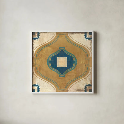 Moroccan Tiles Blue X by Cleonique Hilsaca. Shown in a crisp white glass frame for a clean and minimalist style. Available as an archival giclee rolled canvas, fine art paper, or poster print. SKU 38575a.