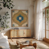 Moroccan Tiles Blue X by Cleonique Hilsaca. Shown in a natural wood frame in a cozy modern living room. Available as an archival giclee rolled canvas, fine art paper, or poster print. SKU 38575a.