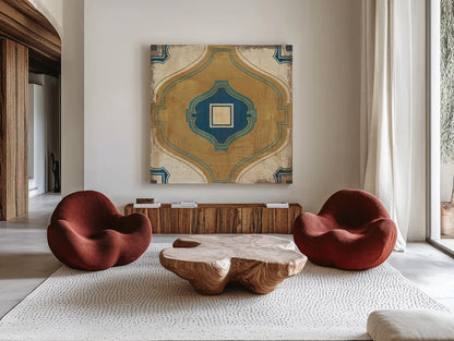 Moroccan Tiles Blue X by Cleonique Hilsaca. Shown as extra-large giant wall art in a modern living room. Available as an archival giclee rolled canvas, fine art paper, or poster print. SKU 38575a.