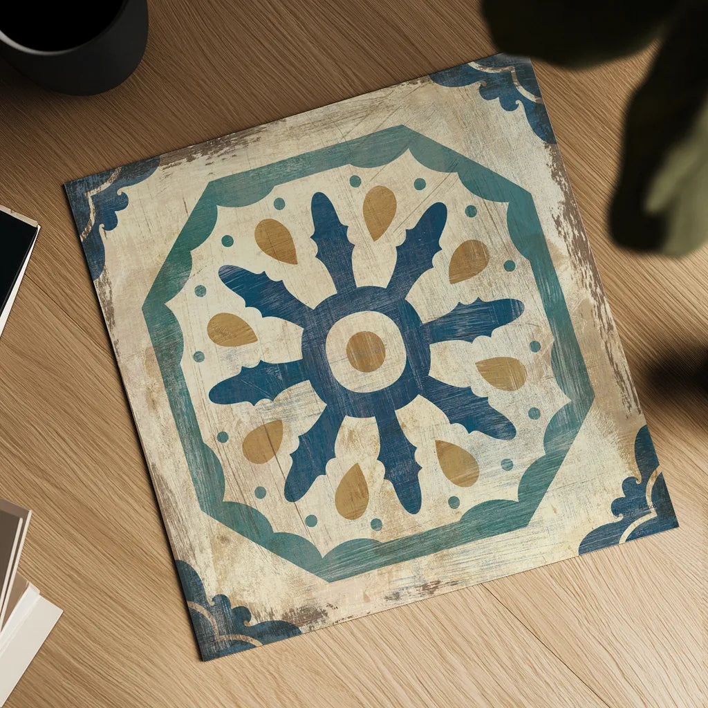 Moroccan Tiles Blue XI by Cleonique Hilsaca. Shown as a detailed flat fine art print, highlighting archival giclee quality. Available as an archival giclee rolled canvas, fine art paper, or poster print. SKU 38576a.