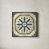 Moroccan Tiles Blue XI by Cleonique Hilsaca. Shown in a sleek black glass frame for a contemporary gallery look. Available as an archival giclee rolled canvas, fine art paper, or poster print. SKU 38576a.