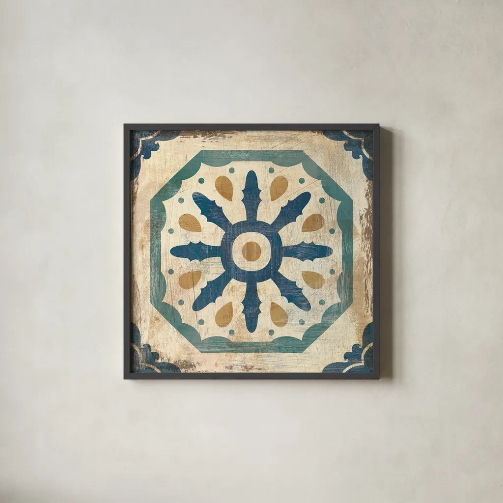 Moroccan Tiles Blue XI by Cleonique Hilsaca. Shown in a sleek black glass frame for a contemporary gallery look. Available as an archival giclee rolled canvas, fine art paper, or poster print. SKU 38576a.
