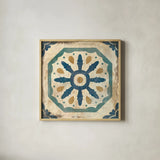 Moroccan Tiles Blue XI by Cleonique Hilsaca. Shown in a natural wood glass frame for a timeless modern aesthetic. Available as an archival giclee rolled canvas, fine art paper, or poster print. SKU 38576a.