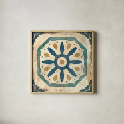 Moroccan Tiles Blue XI by Cleonique Hilsaca. Shown in a natural wood glass frame for a timeless modern aesthetic. Available as an archival giclee rolled canvas, fine art paper, or poster print. SKU 38576a.