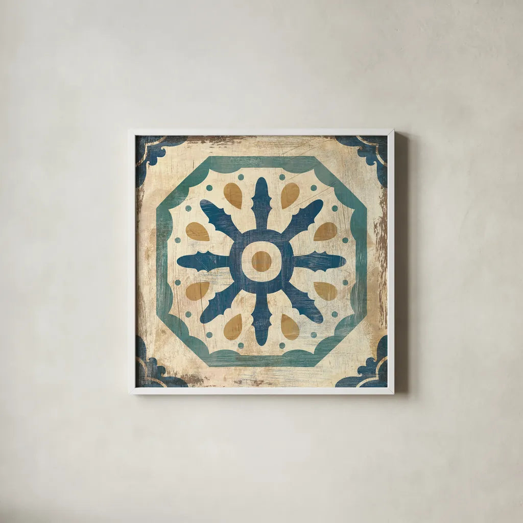 Moroccan Tiles Blue XI by Cleonique Hilsaca. Shown in a crisp white glass frame for a clean and minimalist style. Available as an archival giclee rolled canvas, fine art paper, or poster print. SKU 38576a.