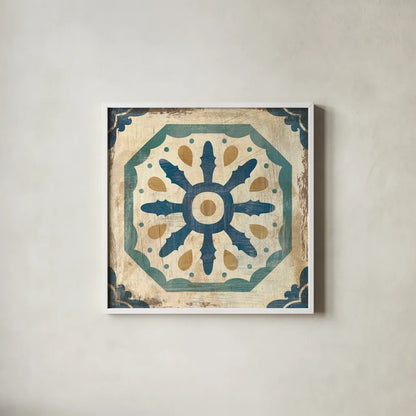 Moroccan Tiles Blue XI by Cleonique Hilsaca. Shown in a crisp white glass frame for a clean and minimalist style. Available as an archival giclee rolled canvas, fine art paper, or poster print. SKU 38576a.