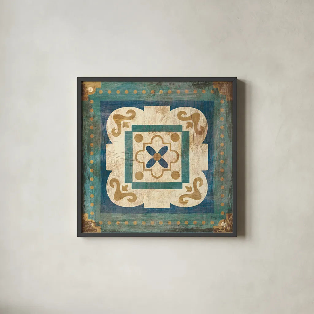 Moroccan Tiles Blue XII by Cleonique Hilsaca. Shown in a sleek black glass frame for a contemporary gallery look. Available as an archival giclee rolled canvas, fine art paper, or poster print. SKU 38577a.