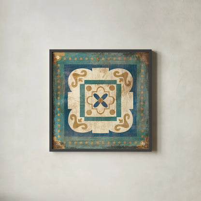 Moroccan Tiles Blue XII by Cleonique Hilsaca. Shown in a sleek black glass frame for a contemporary gallery look. Available as an archival giclee rolled canvas, fine art paper, or poster print. SKU 38577a.