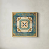 Moroccan Tiles Blue XII by Cleonique Hilsaca. Shown in a natural wood glass frame for a timeless modern aesthetic. Available as an archival giclee rolled canvas, fine art paper, or poster print. SKU 38577a.
