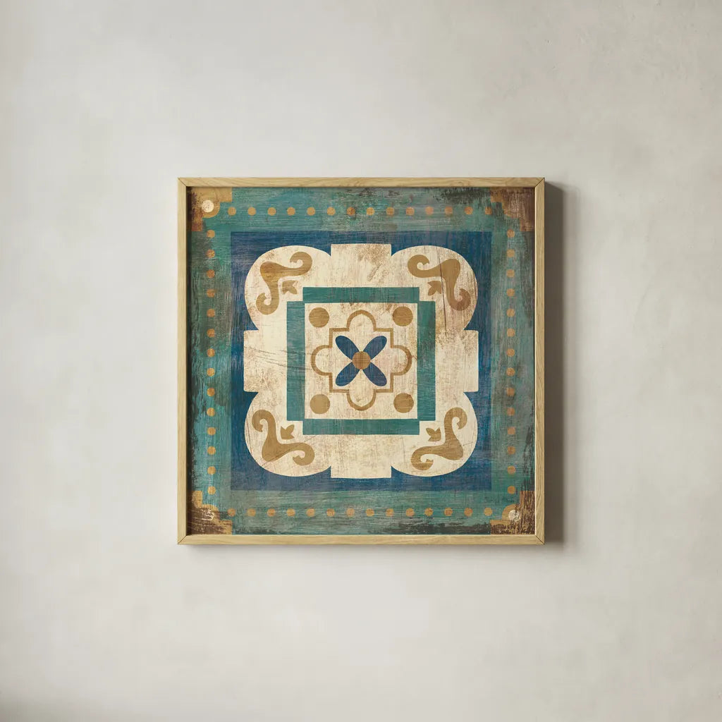 Moroccan Tiles Blue XII by Cleonique Hilsaca. Shown in a natural wood glass frame for a timeless modern aesthetic. Available as an archival giclee rolled canvas, fine art paper, or poster print. SKU 38577a.