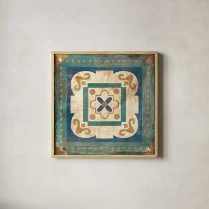 Moroccan Tiles Blue XII by Cleonique Hilsaca. Shown in a natural wood glass frame for a timeless modern aesthetic. Available as an archival giclee rolled canvas, fine art paper, or poster print. SKU 38577a.