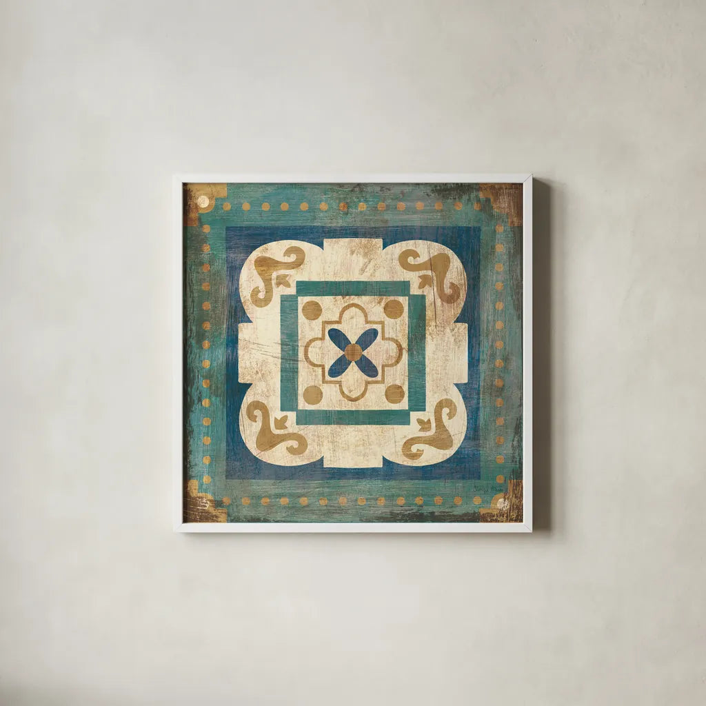 Moroccan Tiles Blue XII by Cleonique Hilsaca. Shown in a crisp white glass frame for a clean and minimalist style. Available as an archival giclee rolled canvas, fine art paper, or poster print. SKU 38577a.
