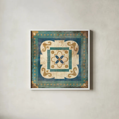 Moroccan Tiles Blue XII by Cleonique Hilsaca. Shown in a crisp white glass frame for a clean and minimalist style. Available as an archival giclee rolled canvas, fine art paper, or poster print. SKU 38577a.