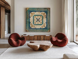 Moroccan Tiles Blue XII by Cleonique Hilsaca. Shown as extra-large giant wall art in a modern living room. Available as an archival giclee rolled canvas, fine art paper, or poster print. SKU 38577a.