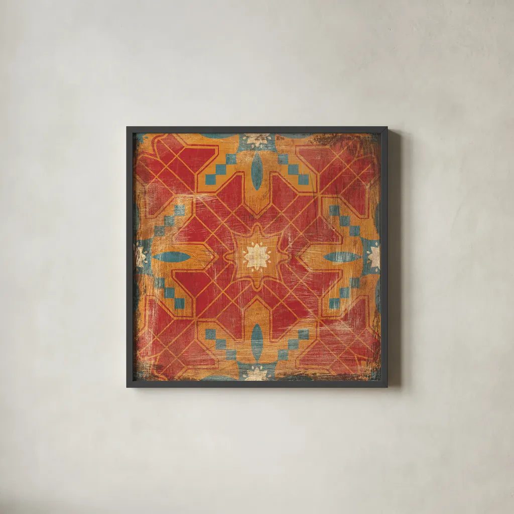 Moroccan Tiles II v2 by Cleonique Hilsaca. Shown in a sleek black glass frame for a contemporary gallery look. Available as an archival giclee rolled canvas, fine art paper, or poster print. SKU 16173a.