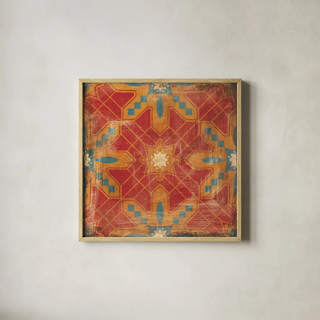 Moroccan Tiles II v2 by Cleonique Hilsaca. Shown in a natural wood glass frame for a timeless modern aesthetic. Available as an archival giclee rolled canvas, fine art paper, or poster print. SKU 16173a.