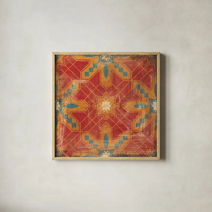 Moroccan Tiles II v2 by Cleonique Hilsaca. Shown in a natural wood glass frame for a timeless modern aesthetic. Available as an archival giclee rolled canvas, fine art paper, or poster print. SKU 16173a.