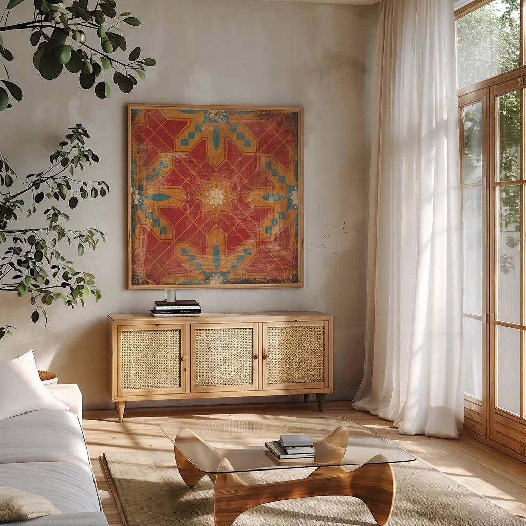 Moroccan Tiles II v2 by Cleonique Hilsaca. Shown in a natural wood frame in a cozy modern living room. Available as an archival giclee rolled canvas, fine art paper, or poster print. SKU 16173a.