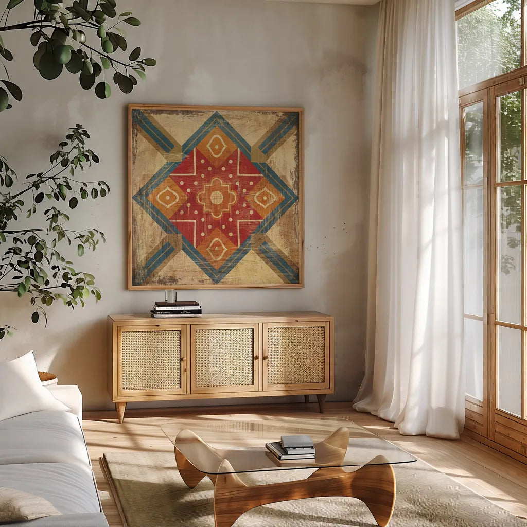 Moroccan Tiles IX by Cleonique Hilsaca. Shown in a natural wood frame in a cozy modern living room. Available as an archival giclee rolled canvas, fine art paper, or poster print. SKU 16181a.