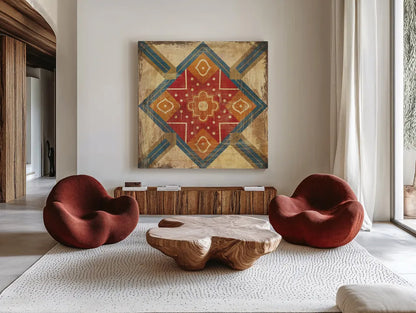 Moroccan Tiles IX by Cleonique Hilsaca. Shown as extra-large giant wall art in a modern living room. Available as an archival giclee rolled canvas, fine art paper, or poster print. SKU 16181a.