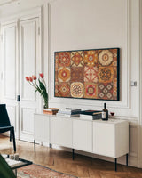 Moroccan Tiles Spice by Cleonique Hilsaca. shown as a framed stretched canvas in a living room above a console. Available as a archival giclee rolled canvas, fine art paper, or poster print. SKU 10512i.