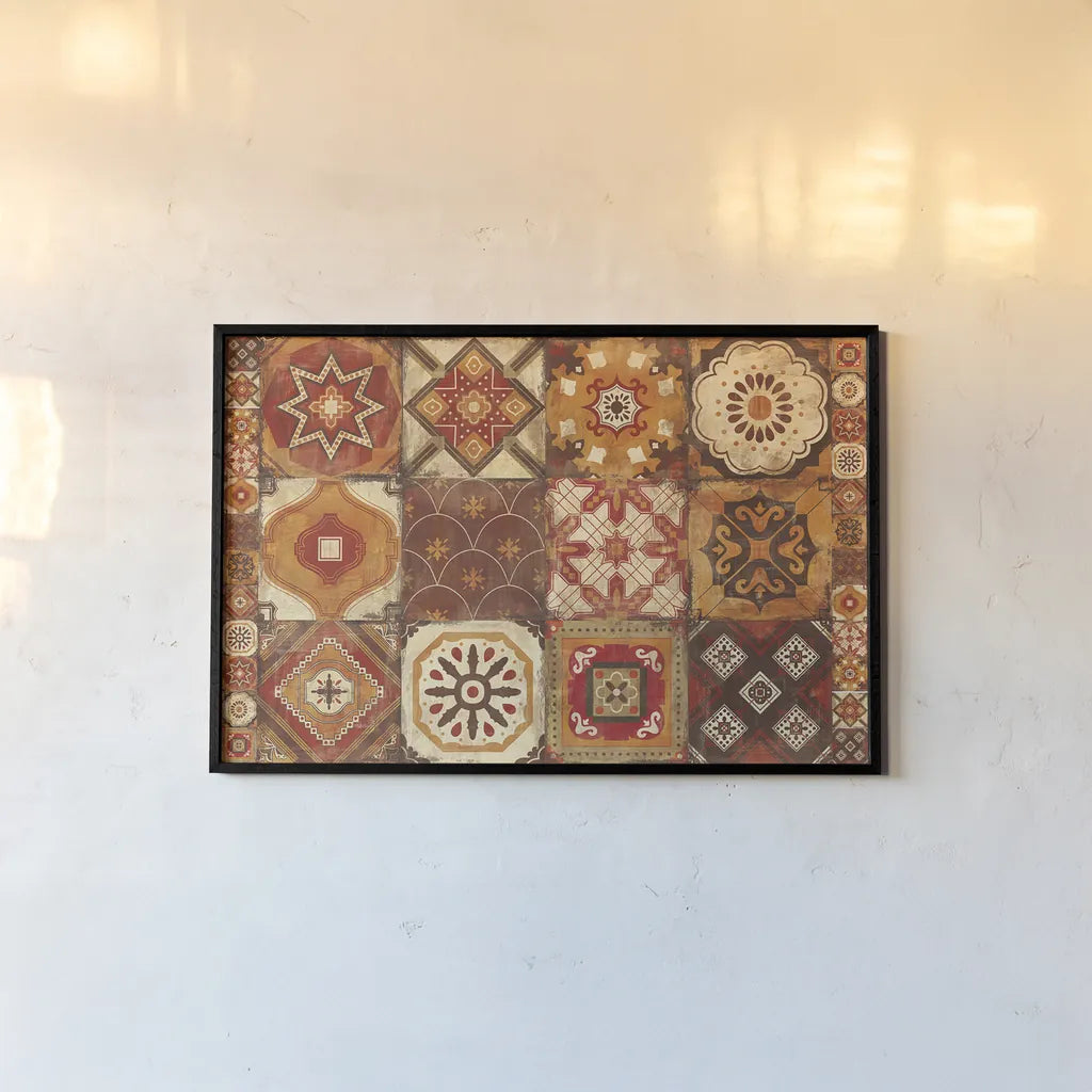 Moroccan Tiles Spice by Cleonique Hilsaca. shown as a paper print in a black flame. Available as a archival giclee rolled canvas, fine art paper, or poster print. SKU 10512i.