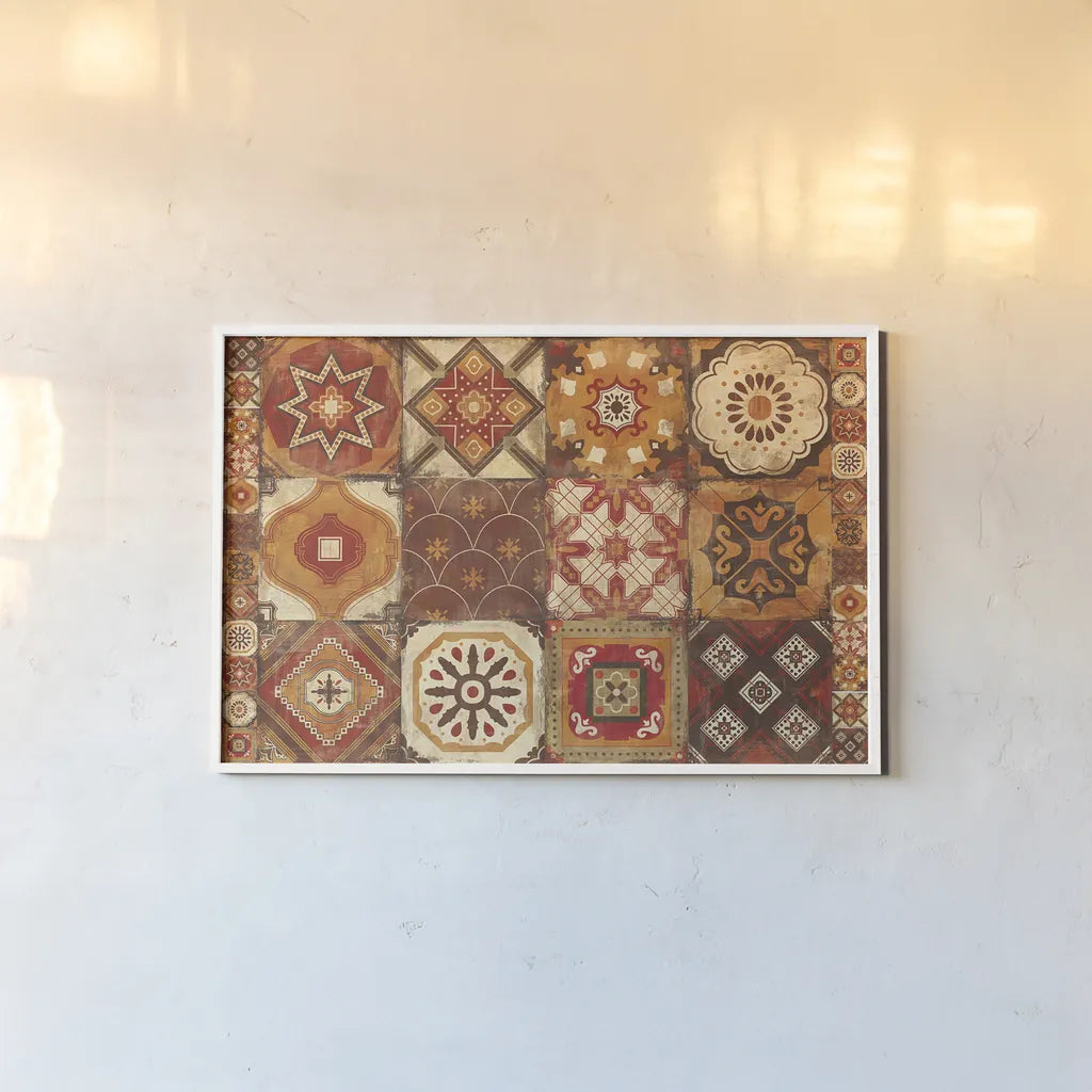 Moroccan Tiles Spice by Cleonique Hilsaca. shown as a paper print in a white frame. Available as a archival giclee rolled canvas, fine art paper, or poster print. SKU 10512i.