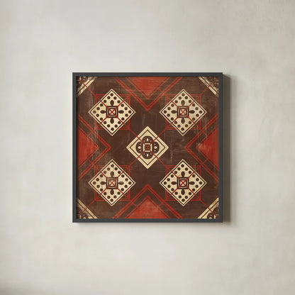 Moroccan Tiles Spice IV by Cleonique Hilsaca. Shown in a sleek black glass frame for a contemporary gallery look. Available as an archival giclee rolled canvas, fine art paper, or poster print. SKU 38580a.