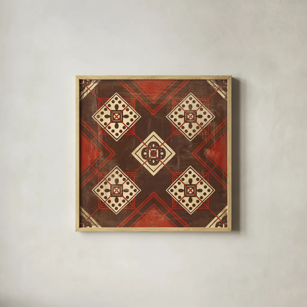 Moroccan Tiles Spice IV by Cleonique Hilsaca. Shown in a natural wood glass frame for a timeless modern aesthetic. Available as an archival giclee rolled canvas, fine art paper, or poster print. SKU 38580a.