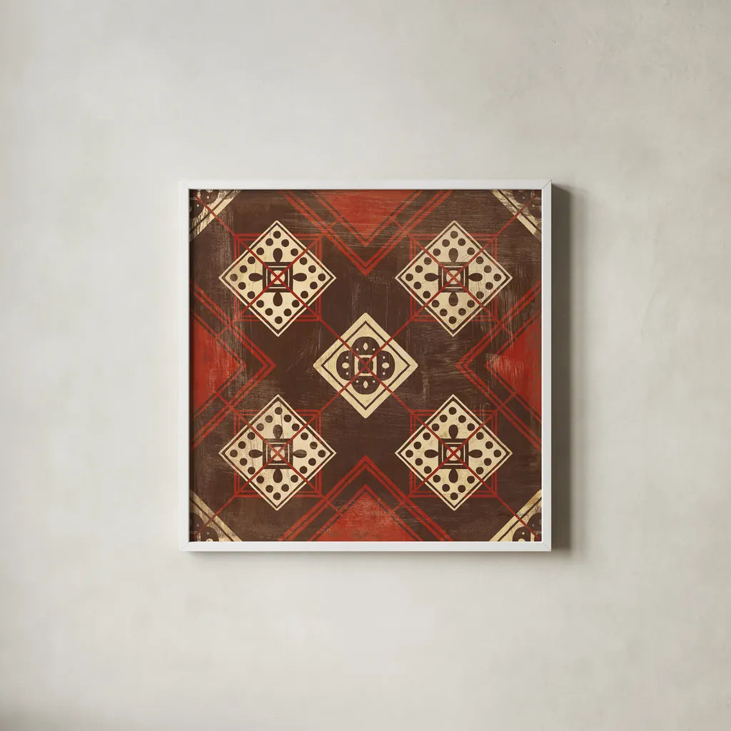 Moroccan Tiles Spice IV by Cleonique Hilsaca. Shown in a crisp white glass frame for a clean and minimalist style. Available as an archival giclee rolled canvas, fine art paper, or poster print. SKU 38580a.
