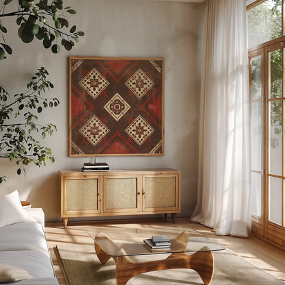 Moroccan Tiles Spice IV by Cleonique Hilsaca. Shown in a natural wood frame in a cozy modern living room. Available as an archival giclee rolled canvas, fine art paper, or poster print. SKU 38580a.