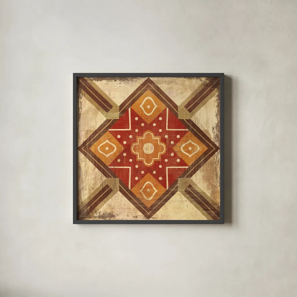 Moroccan Tiles Spice IX by Cleonique Hilsaca. Shown in a sleek black glass frame for a contemporary gallery look. Available as an archival giclee rolled canvas, fine art paper, or poster print. SKU 38581a.