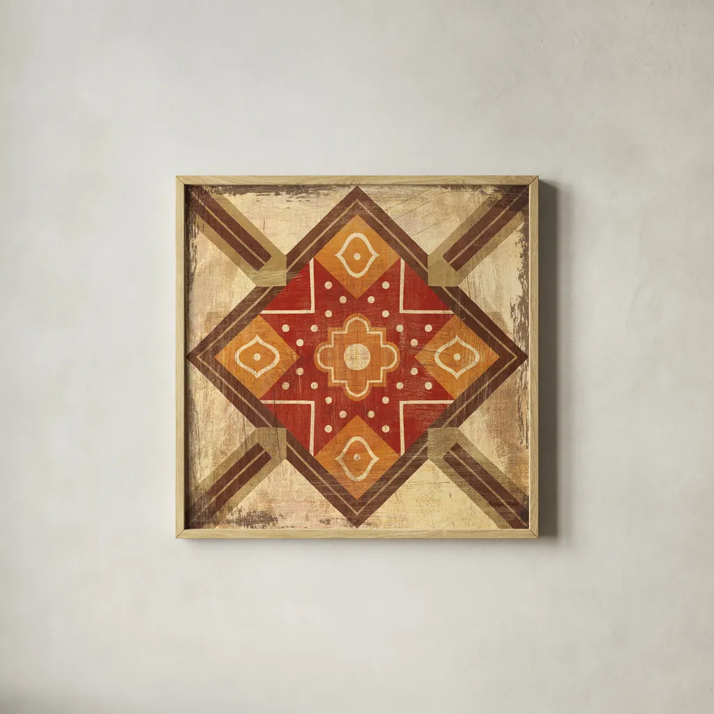 Moroccan Tiles Spice IX by Cleonique Hilsaca. Shown in a natural wood glass frame for a timeless modern aesthetic. Available as an archival giclee rolled canvas, fine art paper, or poster print. SKU 38581a.