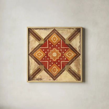Moroccan Tiles Spice IX by Cleonique Hilsaca. Shown in a natural wood glass frame for a timeless modern aesthetic. Available as an archival giclee rolled canvas, fine art paper, or poster print. SKU 38581a.