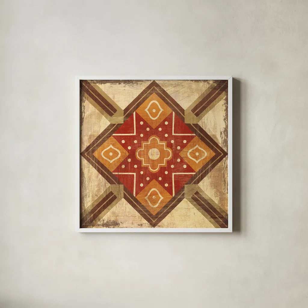 Moroccan Tiles Spice IX by Cleonique Hilsaca. Shown in a crisp white glass frame for a clean and minimalist style. Available as an archival giclee rolled canvas, fine art paper, or poster print. SKU 38581a.