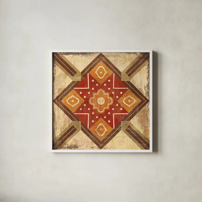 Moroccan Tiles Spice IX by Cleonique Hilsaca. Shown in a crisp white glass frame for a clean and minimalist style. Available as an archival giclee rolled canvas, fine art paper, or poster print. SKU 38581a.
