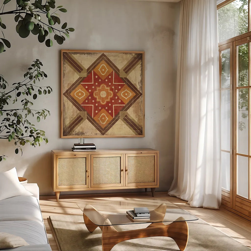 Moroccan Tiles Spice IX by Cleonique Hilsaca. Shown in a natural wood frame in a cozy modern living room. Available as an archival giclee rolled canvas, fine art paper, or poster print. SKU 38581a.