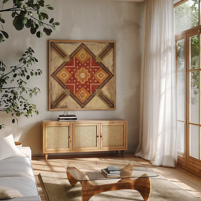 Moroccan Tiles Spice IX by Cleonique Hilsaca. Shown in a natural wood frame in a cozy modern living room. Available as an archival giclee rolled canvas, fine art paper, or poster print. SKU 38581a.