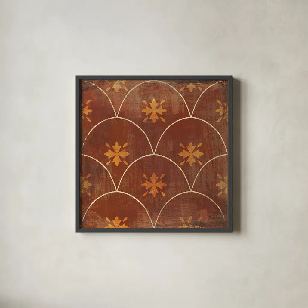 Moroccan Tiles Spice VI by Cleonique Hilsaca. Shown in a sleek black glass frame for a contemporary gallery look. Available as an archival giclee rolled canvas, fine art paper, or poster print. SKU 38582a.