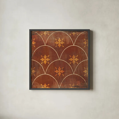 Moroccan Tiles Spice VI by Cleonique Hilsaca. Shown in a sleek black glass frame for a contemporary gallery look. Available as an archival giclee rolled canvas, fine art paper, or poster print. SKU 38582a.