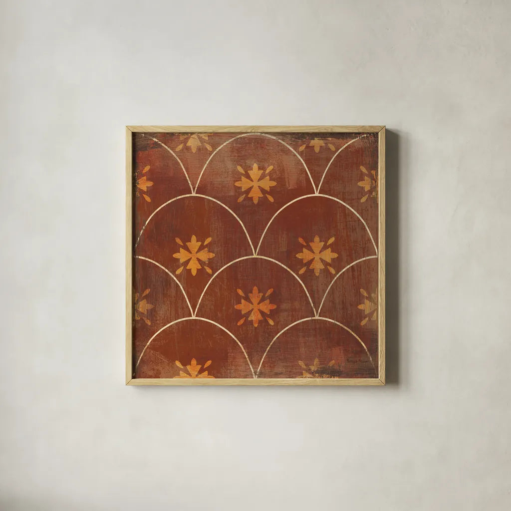 Moroccan Tiles Spice VI by Cleonique Hilsaca. Shown in a natural wood glass frame for a timeless modern aesthetic. Available as an archival giclee rolled canvas, fine art paper, or poster print. SKU 38582a.