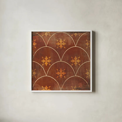 Moroccan Tiles Spice VI by Cleonique Hilsaca. Shown in a crisp white glass frame for a clean and minimalist style. Available as an archival giclee rolled canvas, fine art paper, or poster print. SKU 38582a.