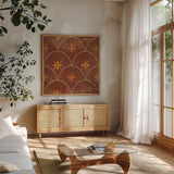 Moroccan Tiles Spice VI by Cleonique Hilsaca. Shown in a natural wood frame in a cozy modern living room. Available as an archival giclee rolled canvas, fine art paper, or poster print. SKU 38582a.