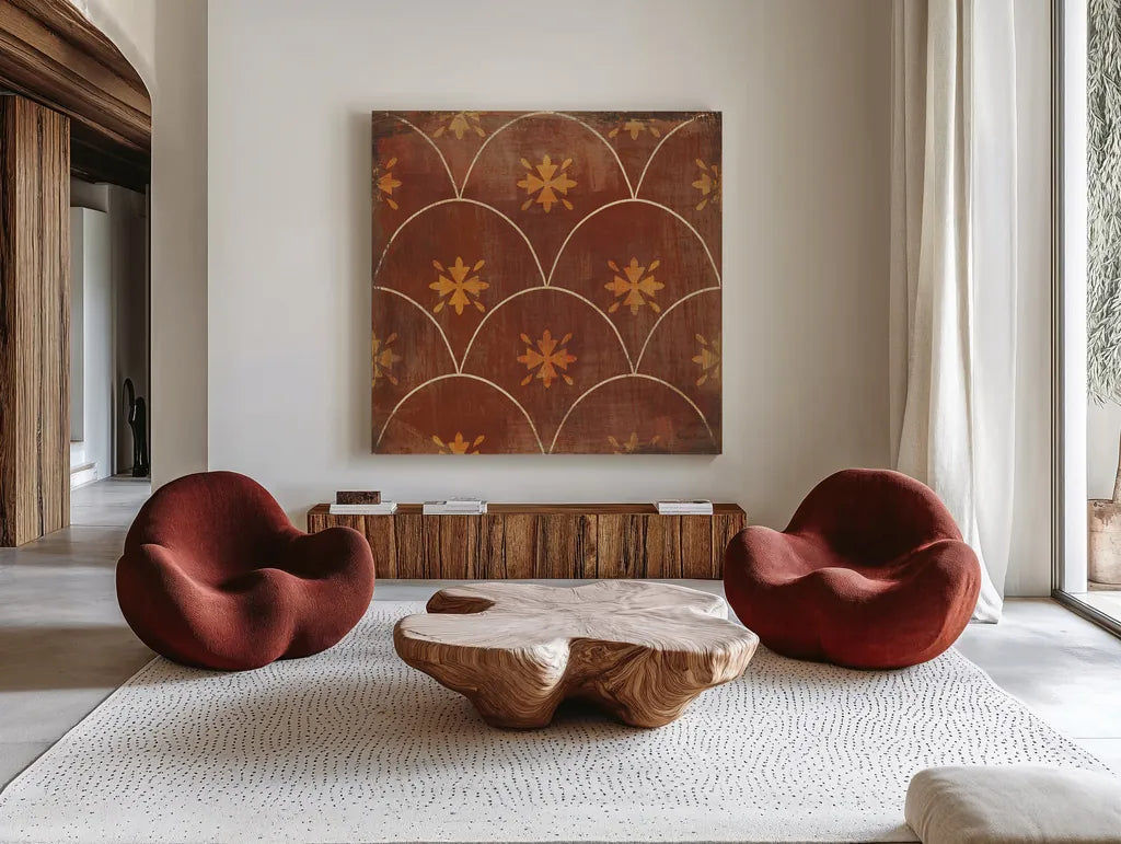 Moroccan Tiles Spice VI by Cleonique Hilsaca. Shown as extra-large giant wall art in a modern living room. Available as an archival giclee rolled canvas, fine art paper, or poster print. SKU 38582a.