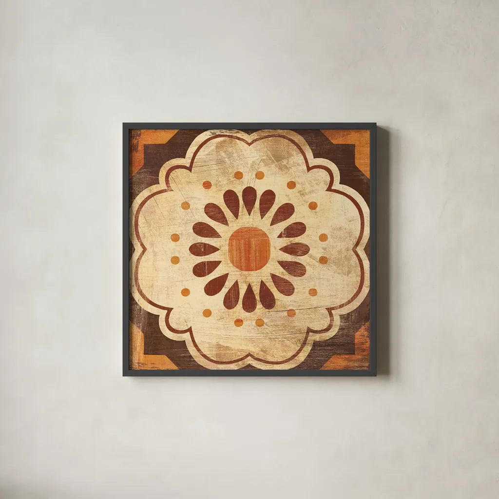 Moroccan Tiles Spice VIII by Cleonique Hilsaca. Shown in a sleek black glass frame for a contemporary gallery look. Available as an archival giclee rolled canvas, fine art paper, or poster print. SKU 38583a.