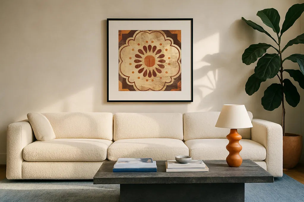Moroccan Tiles Spice VIII by Cleonique Hilsaca. Displayed in a glass frame with matte in a clean modern living room. Available as an archival giclee rolled canvas, fine art paper, or poster print. SKU 38583a.