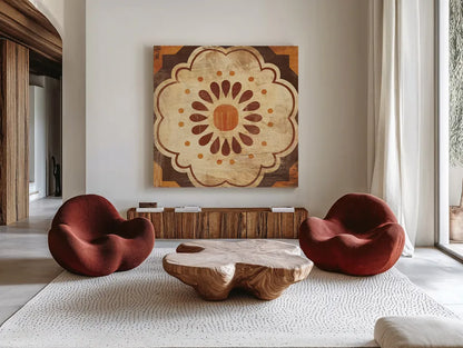Moroccan Tiles Spice VIII by Cleonique Hilsaca. Shown as extra-large giant wall art in a modern living room. Available as an archival giclee rolled canvas, fine art paper, or poster print. SKU 38583a.