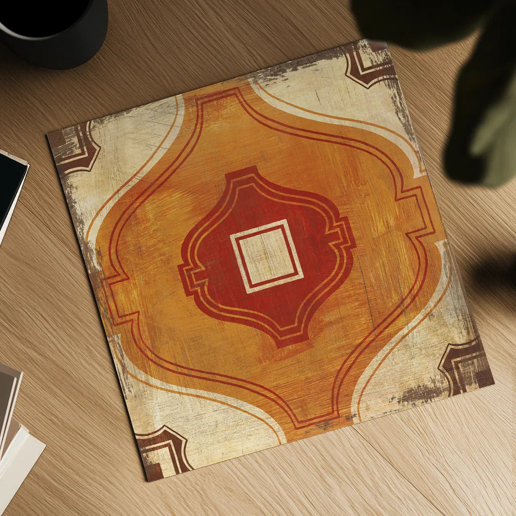 Moroccan Tiles Spice X by Cleonique Hilsaca. Shown as a detailed flat fine art print, highlighting archival giclee quality. Available as an archival giclee rolled canvas, fine art paper, or poster print. SKU 38584a.